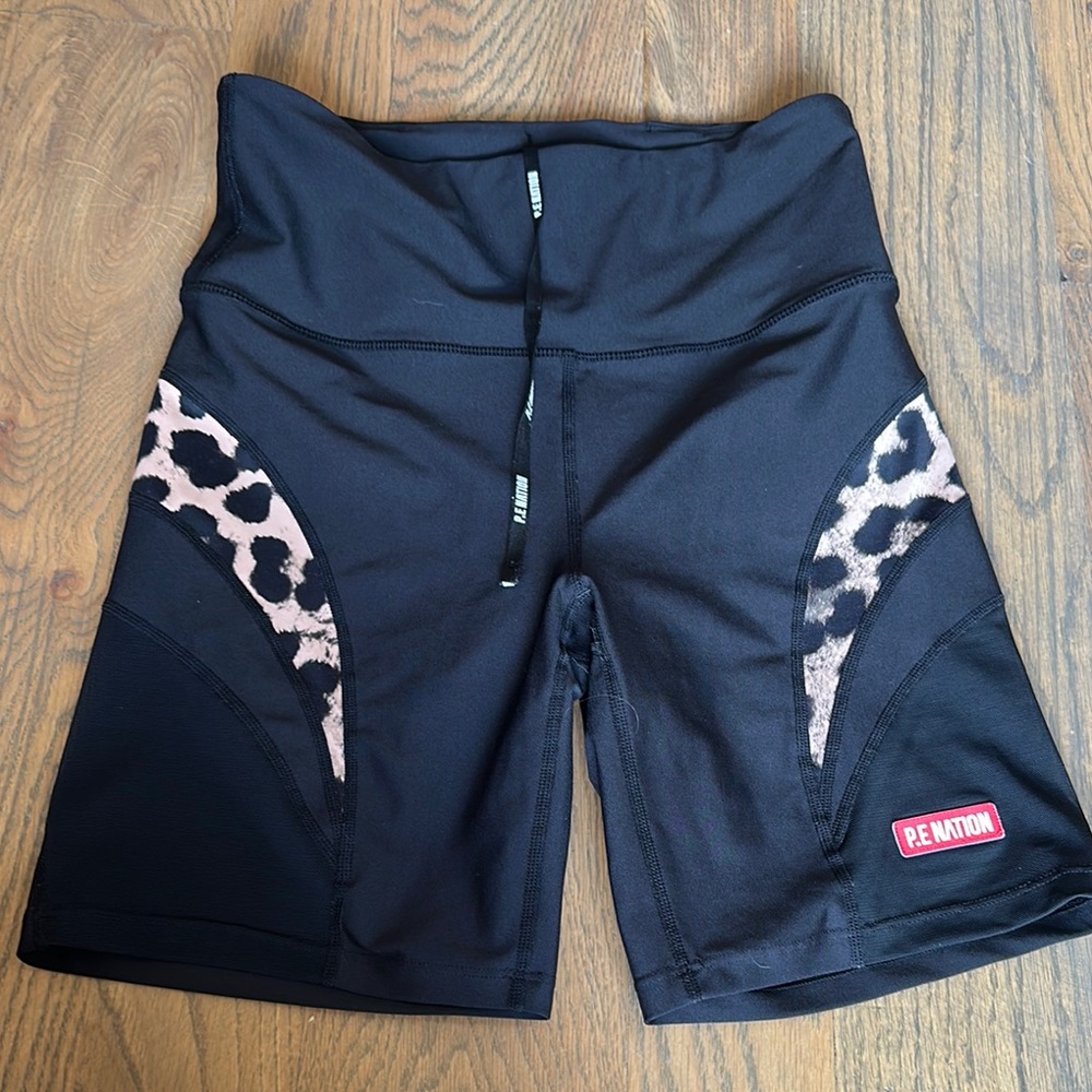 P.E Nation Black and Brown Bike Shorts with Leopard Accents